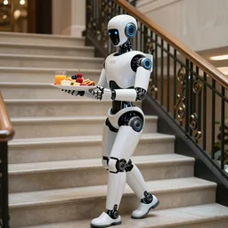 a robot walking on the stairs, serving a beautiful breakfast plate, photorealistic, 8K, award-winning