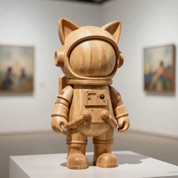 8 k octan advertising detailed photo, beautiful very cute a totally wooden sculpture collectible wooden art toys on feet, astronaut zen with cat ears cyberpunk, a contemporary art gallery, sharp focus, masterpiece, nofinito, artstation, by greg rutkowski