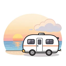beautiful cute cozy very little rv by the water, sunset, puffy cute clouds, cute simple cartoon, vector, white background, watercolor, 4 colors!!!