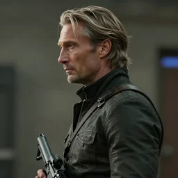 Mads Mikkelsen as Solid Snake in Metal Gear Solid (2022), side view profile, high-quality, 4k