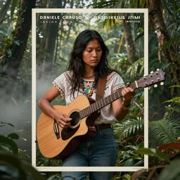 an indigenous beautiful woman with playing with a fender guitar in the jungle, marshall jvm 2 0 5 c, poster art by daniele caruso, benediktus budi, jason edmiston, vc johnson, powell peralta, volumetric light, fog