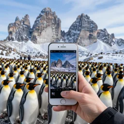 penguin holding up a iphone as camera, taking picture, thousands of penguins all around, mountain dolomites in far distance, blue sky