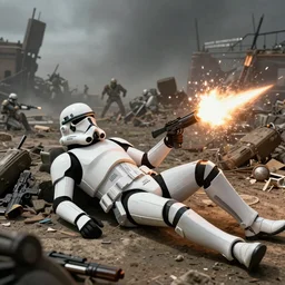 an extreme long shot studio photo of a clone trooper lying down placid on the ground of geonosis, hit by blaster fire, around him the chaotic battlefield goes on, pulitzer prize - winning, octane render, unreal 5, intricate digital art, hi - res, 8 k, hyperrealist, in the style of robert capa