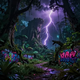 Magic jungle, digital graffiti landscape detailed sci-fi fantasy surreal dark green, black, purple, fuchsia, dark mood, creepy lightning, deep shadows HD, 4K, cgsociety