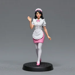 80mm resin detailed miniature of a Waitress, white blouse, Pink tight mini-skirt, white apron, White tights, smile, on textured base; Miniature product Photos, 4K, Full body;