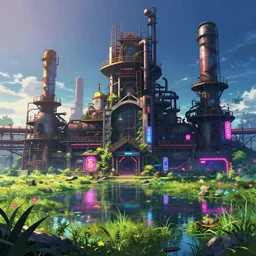 a beautiful ultradetailed rendering of industrial architecture sanctuary by moon hoon, anime cgsociety vaporwave synthwave at night lake reclaimed by nature neon signs meadow sunlight dramatic lighting, archdaily, wallpaper, highly detailed, trending on artstation.