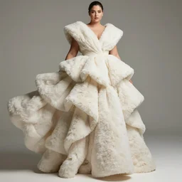 fictional haute couture, fold layered flutter, heavy fabric full piece, soft fluffy texture, volume flowing folds aesthetic, femme curvy model posing realistic shaded lighting photography, 8 k, highly detailed render