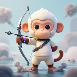 cute monkey, hold mechanical bow and arrow, wearing off - white style, with depth of field, octane render, neon hand sports bracelet, standing on the water ground, with splatoon style, smoke war, comic paint, anorld render, unreal engine render, vfx, octane render, highly quality, artstation, 4 k,