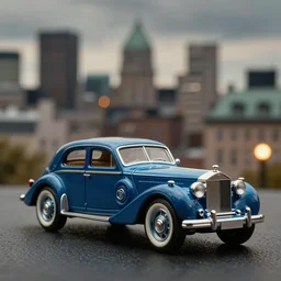 3 5 mm photo of blue 1 9 9 9 rolls royce boat tail, like die cast 1 / 6 4 model with a blur montreal city as background, golden ratio, dramatic lighting, medium shot, shallow depth of field, 8 k, epic cinematic, epic lighting