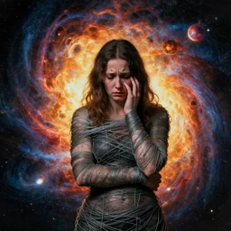 an anxious woman wrapped in wire, surrounded by an exploding nebulas, by jan van eyck