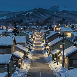 a beautiful screenshot of the small town streets in winter, at night, from the anime by Hayao Miyazaki, landscape background, anime pixiv