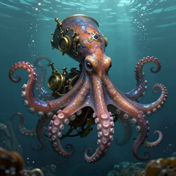 underwater steampunk pirate octopus, hyper detailed, digital art, trending in artstation, cinematic lighting, studio quality, smooth render, unreal engine 5 rendered, octane rendered, art style by klimt and nixeu and ian sprigger and wlop and krenz cushart.