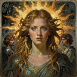 stunning, breathtaking, awe-inspiring award-winning concept art nouveau painting of attractive Tilda Swinton as the goddess of the sun, with anxious, piercing eyes, by Alphonse Mucha, Michael Whelan, William Adolphe Bouguereau, John Williams Waterhouse, and Donato Giancola, cyberpunk, extremely moody lighting, brilliant use of glowing light and shadow, atmospheric, cinematic, 8K