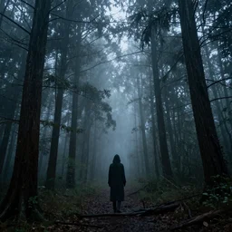 a haunted forest, mist and rain