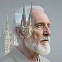 portrait photo of an old male mystic'face merging with a cathedral building, etheric, emotionally evoking symbolic metaphors, head in focus, ornamental, intricate, elegant, golden ratio, sharp focus, art by ernst haeckel, h. r. giger, john william godward, gustav klimt,