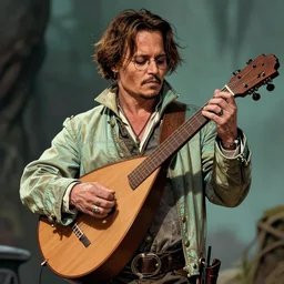 Breathtaking comic book style of Johny Depp portrayed as a Dungeons and Dragons bard, playing the lute and wearing a pale green jacket in the style of Ralph Dorsey