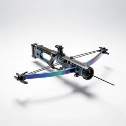 holographic crossbow, studio product photography, isolated on a pure white background, centered, entire object in frame, sharp focus, soft studio lighting