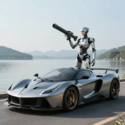 a decadent futuristic sportscar designed by pinifarina and a female robot holding a bazooka at a lake in ancient greece, hdr, hyperrealistic, photorealistic, bokeh, volumetric lighting, sunrise background, production i. g. studios syd mead style