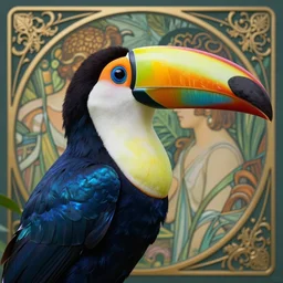 close up portrait of toucan god, blue iridescent feathers and large beak by artgerm, cushart krenz, greg rutkowski, mucha. art nouveau. gloomhaven, tropical atmosphere, natural tones, vibrant colors, sharp edges. ultra clear detailed. 8 k. elegant, intricate, octane render