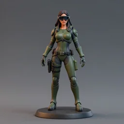 80mm resin detailed miniature of a beautiful young female, clothed in stealth armor, night-vision goggles, olive skin, long dark hair, beautiful bone structure, symmetrical facial features, Product Introduction Photos, 4K, Full body