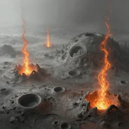 an alien landscape, craters, fog, fiery geysers, intricate, elegant, highly detailed, digital painting, artstation trending, concept art, matte, sharp focus, illustration,