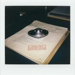 polaroid photo inside the fbi offices, with a close up of the secret files with a confidential stamp, ufo photography