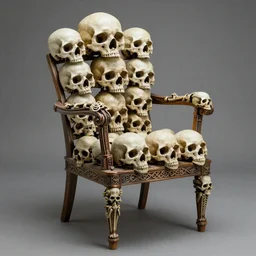 a chair made from many human skulls, intricate detail, product shot