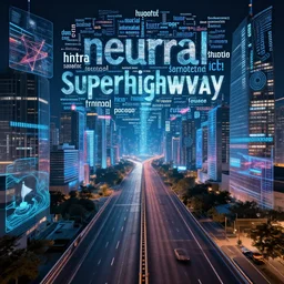 neural information superhighway, symbolic highway future city metaphor, word clouds and projected images, projections, futuristic neural interface vibes