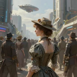 portrait of a victorian lady within a crowd of people in a futuristic city, from behind, streets, spaceship in the sky, beautiful, solarpunk!!!, highly detailed, digital painting