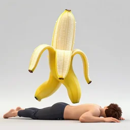 a large upright banana peel walking and trips over a prone human lying on the sidewalk, new york, 3 5 mm, f / 2. 8, full resolution