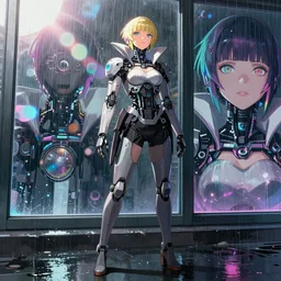 cyberpunk anime art, refractions on lens, queen elisabeth as a beautiful cyborg girl in the style of arcane, full round face, biomechanical details, full body shot, rain, wet street, window reflections, lens flare, wlop, ilya kuvshinov, artgerm, krenz cushart, greg rutkowski