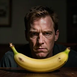 dexter morgan afraid and hiding from a banana, photorealistic, high contrast
