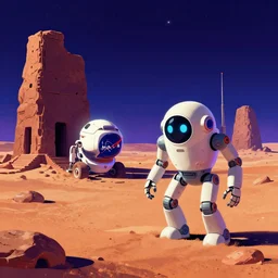 nasa robot exploring ancient ruins in mars, retrowave epic art, trending on art station