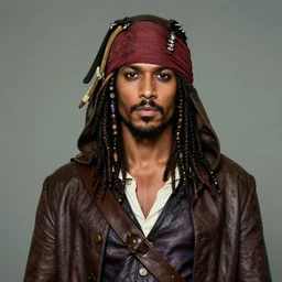 photo portrait of hooded caribbean pirate with a brown coat with a roped on shoulder, rugged and dirty, cinematic lighting at sundawn, movie color grading