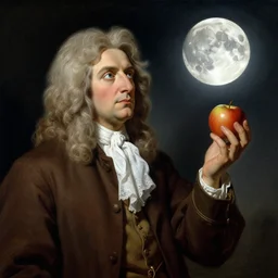 Isaac Newton holding an apple and looking at the moon, by Greg Hildebrandt