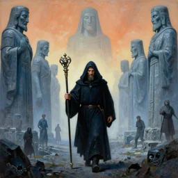 painting of cloaked man holding a ceremonial staff, scene shows a man walking through a valley filled with giant statues of forgotten gods, zdzislaw beksinski, lewis jones, dariusz zawadzki, wayne barlow, warhammer fantasy, cold hue's, warm tone gradient background, concept art, 4 k, ultra - high - definition