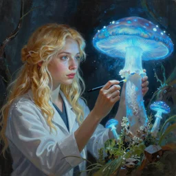 A mixed media portrait painting of an aesthetic! blonde woman scientist examining a giant blue glowing mushroom in a mire, mycologist, detailed Aesthetic! face and eyes, slavic, by Beeple, Frank Frazetta, Greg Rutkowski, Christian MacNevin, Boris Vallejo, epic fantasy character art, high fantasy, CGsociety, exquisite detail, post-processing, masterpiece, cinematic