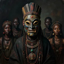 a symmetrical matte portrait of igbo shaman with a fearsome tribal mask. noble bearing. cinematic atmospheric lighting, painted, intricate, ultra - portrait of the innermost soul by dave dorman hieronymus bosch, cyril rolando, esher and natalie shau, whimsical, profound, impossible. trending on devaintart. dark, brooding,