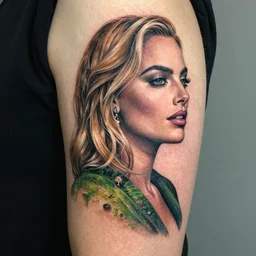 surrealist tattoo design of margot robbie and nature double exposure effect, in the style of arlo dicristina, amazing detail