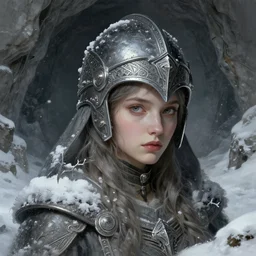 a young female humanoid with a large head wearing a helmet in a snowy desolte cave, digital illustration, very detailed, art by greg rutkowski, post - communist era, fantasy art, high quality, intricate, elegant