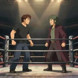 a beautiful illustration of my friend joe rogan vs voldo in a steel cage match, in the style of studio ghibli, artwork by studio ghibli, cinematic composition. cinematic lighting,