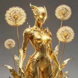 hyper advanced dandelion humanoid monster, sci fi, glowing eyes, volumetric lights, gold theme, art nouveau botanicals, intricate, highly detailed, digital painting, artstation, concept art, smooth, sharp focus, cinematic, illustration, beautiful face, art by h. r. giger and greg rutkowski and alphonse mucha