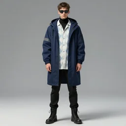 Arthur wears a black turtleneck long sleeve paired with black pants and boots. He wears a loose, pale, argyle shirt beneath a hooded, navy blue jacket with grey markings across the sleeves.  Digital art