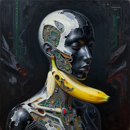 stunning person completely made out of chipped black paint, banana, exposed pc circuitry!! and white glossy plastic, razer naga molten volcano backdrop, by greg rutkowski, oil on canvas, intricate design, high detail!!, trending on artstation, 6 k
