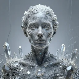 Woman's portrait, bumpy crystals, wide shot, shiny, flat background, glowing, wires everywhere, by Edgar Maxence and Ross Tran, Zdzisław Beksiński, and Michael Whelan, distant, gustav dore, H.R. Giger, 8k, octane render
