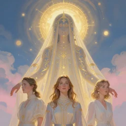 peaceful uncertainty of saying goodbye, crossing over the spiritual veil to heaven, sharp focus, intricate, elegant, digital painting, artstation, matte, highly detailed, concept art, illustration, volumetric lighting, gold and blue and pink color scheme, bokeh light, art by greg olsen, arnold friberg, and liz lemon swindle