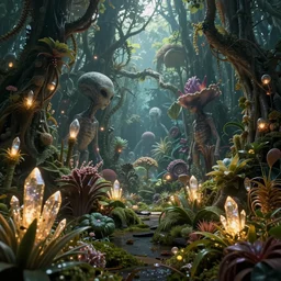 alien forest made of many strange plants and glowing crystal, realistic, octane render