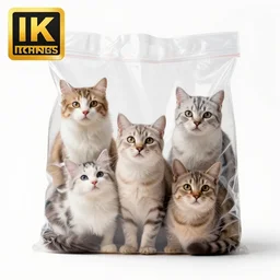 photo of a transparent bag full of cats, white background, studio lighting, 4 k, 8 k