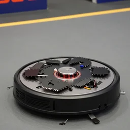 screenshot of a roomba robot vacuum cleaner covered in serrated blades doing battle in the battlebots arena from battlebots ( 2 0 1 5 ), medium shot