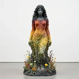 vivid sculpture of a beautiful woman made of smoldering sage in a field of wildflowers, intricate. gradient colors. empty white space exposition. by ueda akishi, beth cavener, ellen jewett, rogers, giger